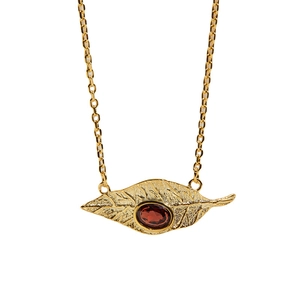 Leaf design S925 sterling silver necklace with a red garnet stone on white background