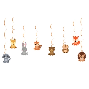 Hanging woodland animal party decorations with spiral swirls and cute forest creatures