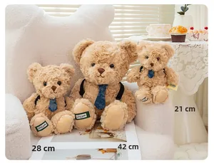 Three plush teddy bears in 21cm, 28cm, and 42cm sizes with blue overalls and ties