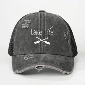 Distressed charcoal Lake Life baseball cap with paddle embroidery and mesh back