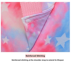 Macro detail of reinforced stitching on gradient pink and blue star pattern backpack