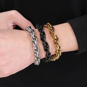 Three-color hip-hop braided Cuban chain bracelets in gold, silver, and black stainless steel
