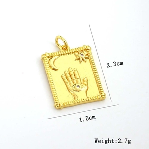 Detailed view of Hamsa Hand gold pendant with dimensions 2.3cm by 1.5cm and 2.7g weight
