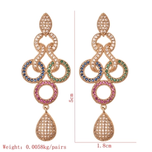 Detail showing dimensions of 5cm long tassel earrings with multi-color zircon stones