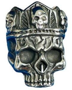 Detailed view of punk gothic silver skull ring with vintage oxidized finish and 316L steel