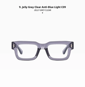 Vista frontale di occhiali quadrati anti-luce blu grigio gelatina con dettagli in metallo