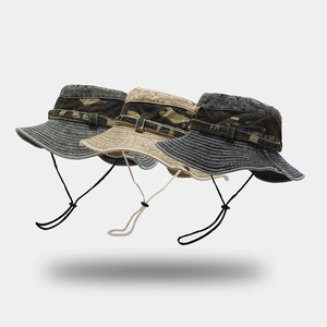 Chapeau Bob Camouflage Extérieur Coton Lavé Bord Large Protection Solaire Corde Coupe-Vent Boonie Réglable Pêche Voyage Hommes Femmes