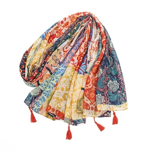 Bohemian floral print scarf with red fringe tassels for beach vacation sun protection