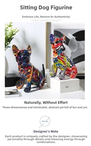 Detail of artistic graffiti french bulldog statues with colorful abstract resin patterns