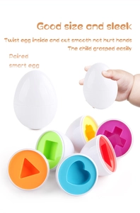Detail showing colorful geometric shapes inside smooth white matching toy eggs