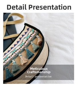 Macro detail of ethnic woven bag with colorful embroidery and tassel accessories