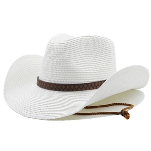 Classic white woven straw cowboy hat with brown snakeskin band and adjustable chin strap