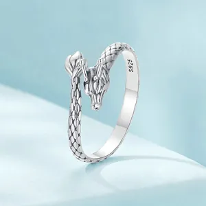 Vintage S925 sterling silver dragon wrap open ring with detailed retro scales
