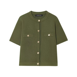 Detail of army green knit cardigan with gold embossed buttons and decorative pockets