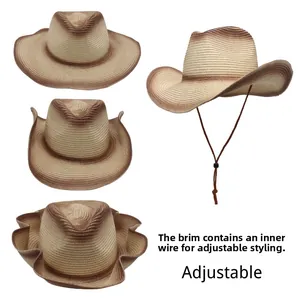 Detail of adjustable cowboy straw hat brim with built-in wire and windproof chin strap