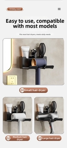 Detail view of black wall-mounted hair dryer holder with multi-functional storage slots