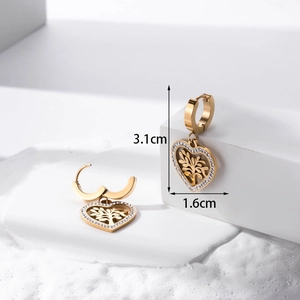Gold stainless steel tree of life heart earrings with micro-inlaid rhinestones