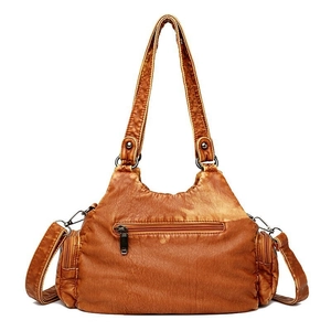 Retro brown washed PU leather large capacity handbag with adjustable shoulder straps