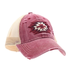 Distressed dark red mesh ponytail baseball cap with ethnic geometric embroidery