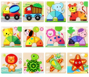 Collage of 12 distinct 3D wooden puzzles featuring various animals and transport vehicles