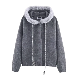 Women Knitted Hooded Cardigan Faux Fur Trim Braided Drawstring Tassel Button Down Sweater Polyester Nylon Spandex Casual