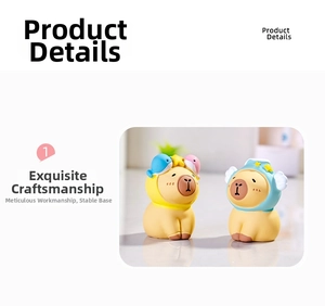 Detail of cute Capybara resin figurines with whale hat and aviator wings desk decor