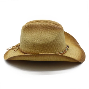 Classic straw western cowboy hat with brown gradient brim and colorful beaded strap