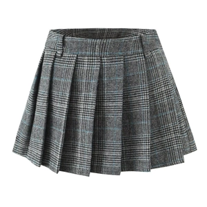 Minigonna a pieghe vintage da donna in grigio scuro con raffinato motivo a quadri
