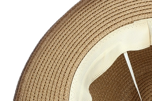 Detail of straw Panama hat showing the inner sweatband and adjustable drawstring strap