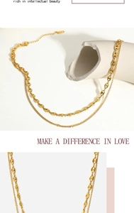 Detail of 18K gold-plated double-layer necklace with pig nose chain links and minimalist design