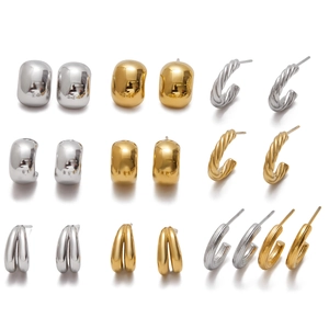 Classic 14K gold and silver stainless steel textured C-shape hoop earrings set