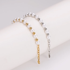 Minimalist stainless steel pearl bracelets in gold and silver finish with lobster clasp