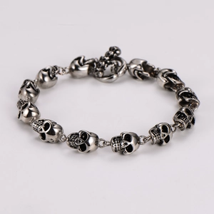 Skull Bracelet 304 Stainless Steel Punk Gothic Rock Biker Jewelry For Men With Toggle Clasp Silver Color