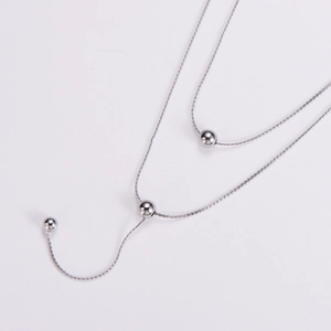 Minimalist double layer silver titanium necklace with three smooth polished beads
