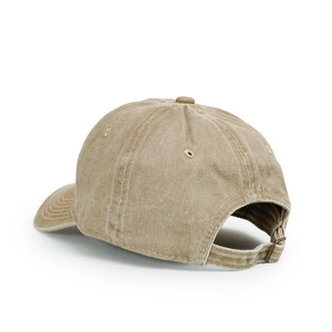 Detail view of washed cotton baseball cap with adjustable metal buckle and breathable eyelets