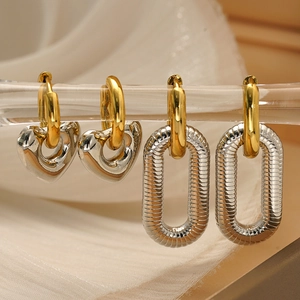 Two Tone Heart Oval Hoop Earrings 18K Gold Plated 304 Stainless Steel Textured Geometric Fashion For Women