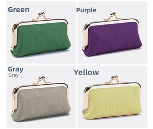 Collage of mini kiss-lock wallets in green, purple, gray, and yellow textured leather