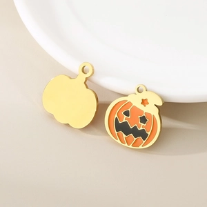 Halloween pumpkin devil pendants in orange enamel and gold finish for jewelry making