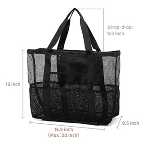 Large black mesh beach tote bag with 9 pockets and detailed dimensions on white background