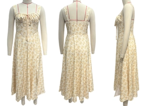 Detail of floral backless midi dress featuring side slit and drawstring chest design