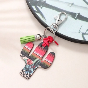 Cactus keychain with colorful stripes and leopard print, green tassel and metal clip