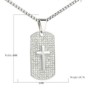 Polished silver stainless steel cross dog tag necklace with micro-pave diamond accents