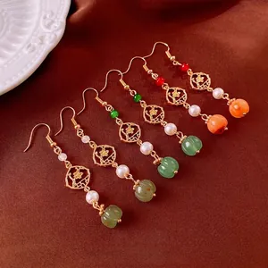 New Chinese Style Long Drop Earrings Women Retro Hollow Flower Alloy Imitation Artificial Pearl Resin Pumpkin Beads Dangle Jewelry