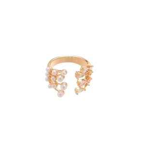 French retro gold-plated ring with multi-layer pearls and teardrop zircon accents