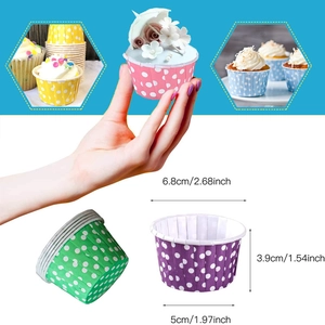 Caissettes à cupcakes en papier à pois multicolores avec dimensions détaillées incluses