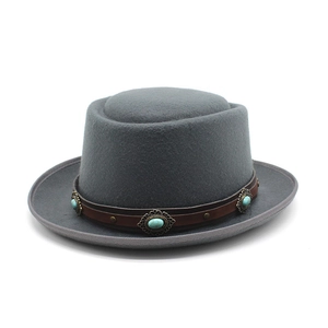 Vintage grey wool pork pie hat with brown leather band and turquoise stone accent