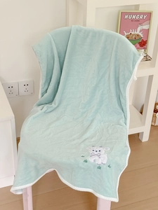 Macro detail of mint green lamb towel with fine embroidery and white woven edging