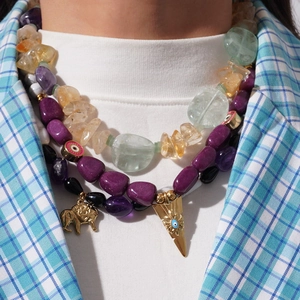 Titanium Steel Layered Necklace Women Natural Stone Amethyst Aventurine Elephant Evil Eye Pendant Bohemian Beaded Jewelry