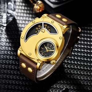 Detail view of the golden double-dial quartz watch with brown leather strap and rivets