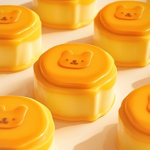 Macro shot of 3D bear cheese blocks with smooth yellow and cream silicone textures